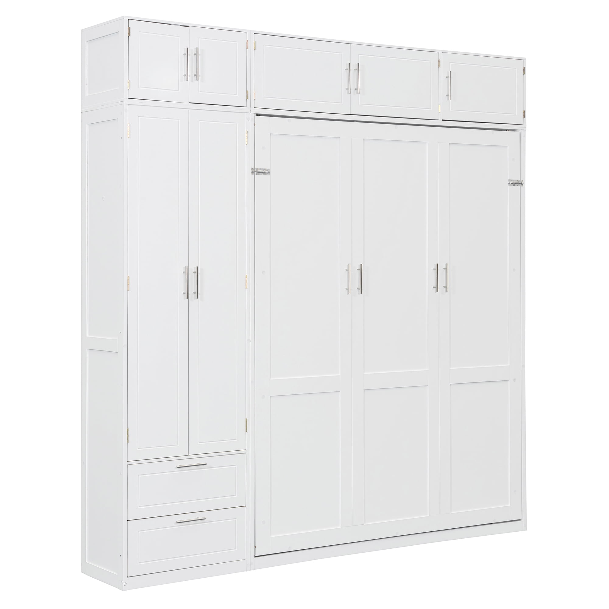 Mintazer Queen Size Murphy Wall Bed with Cabinets & Open Bookshelf, All-in-One Foldable Cabinet Bed with Side Wardrobe & 2 Storage Drawers for Small Apartment Guest Room Home Office, White