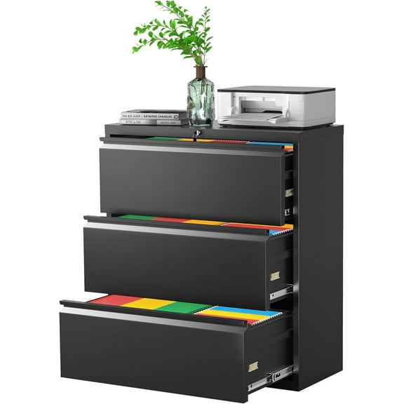 Pataku Metal Lateral File Cabinet with Lock, Steel Lateral Filing Cabinet 3 Drawer, Locking Office Home Wide Organization File Cabinet for Hanging Files Letter/Legal/F4/A4 Size(3Drawer/Black)