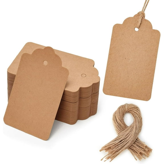 Gift Tags with String Attached, 2 x 4 inch Kraft Paper Hang Tags for Clothes DIY Crafts Wedding Holiday