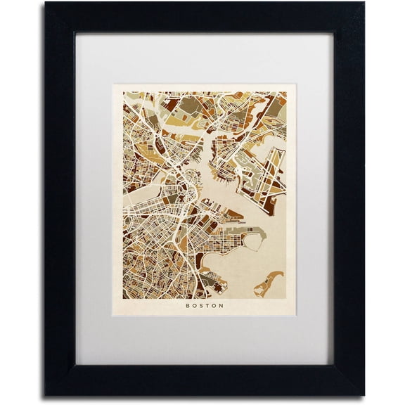 Trademark Fine Art "Boston MA Street Map Brown" Canvas Art by Michael Tompsett, White Matte, Black Frame