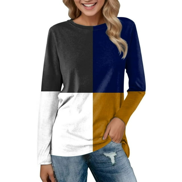 Hauts Quotidiens pour Femmes à Imprimé à Manches Longues, Blouse Confortable à Blocs de Couleur, Hauts Décontractés à Manches Longues, Tunique à Col, Chandails
