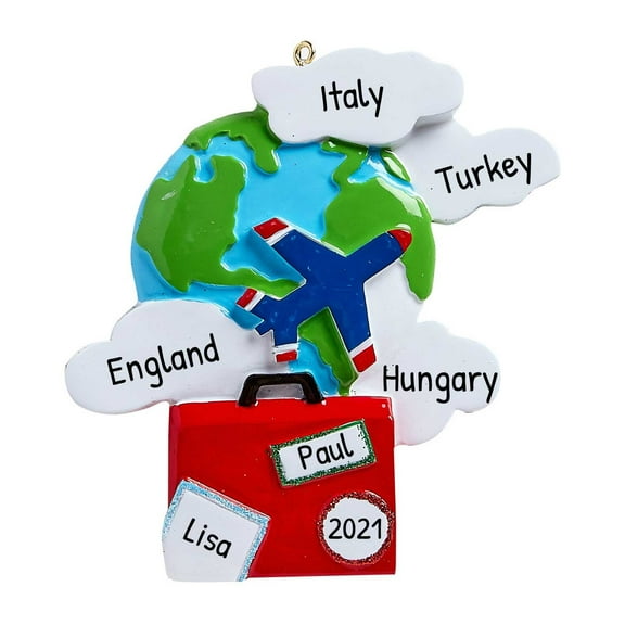 Personalized Travel Ornament - Airplane Ornament, Travel Christmas Ornament, World Map Ornament, Wanderlust Luggage, Passport Ornament, World Traveler - Globe Trotter - Free Customization