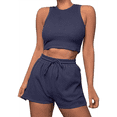 thumbnail image 2 of Conjuntos de Verano para Mujer, Conjunto Informal de 2 Piezas con Top Corto y Pantalones Cortos de Punto Gofre, Ropa de Dormir, Azul Marino, Talla S, 2 of 8