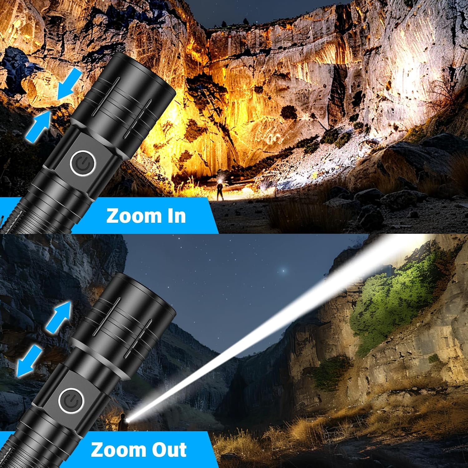 LED Rechargeable Tactical Flashlight, High Lumens Super Bright Flashlights - Zoomable 6 Modes, Waterproof, Power Display, Pocket-Sized for Camping & Emergencies