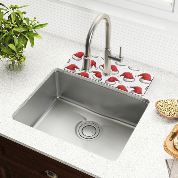 Yayeee Faucet Mat for Kitchen Sink 14.7" Diatomite Long Splash Guard Pad, Red Santa Hats Pattern