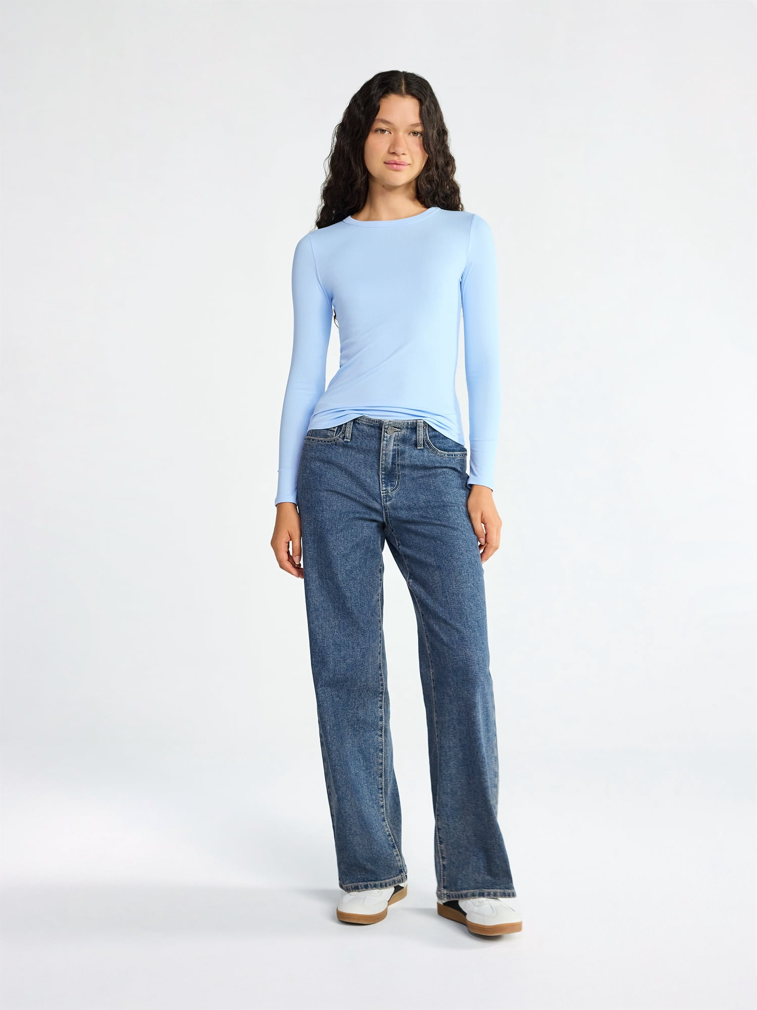 No Boundaries Ribbed Crewneck Tee with Long Sleeves, 1 or 2-Pack, Women's & Women's Plus XXS-XXL