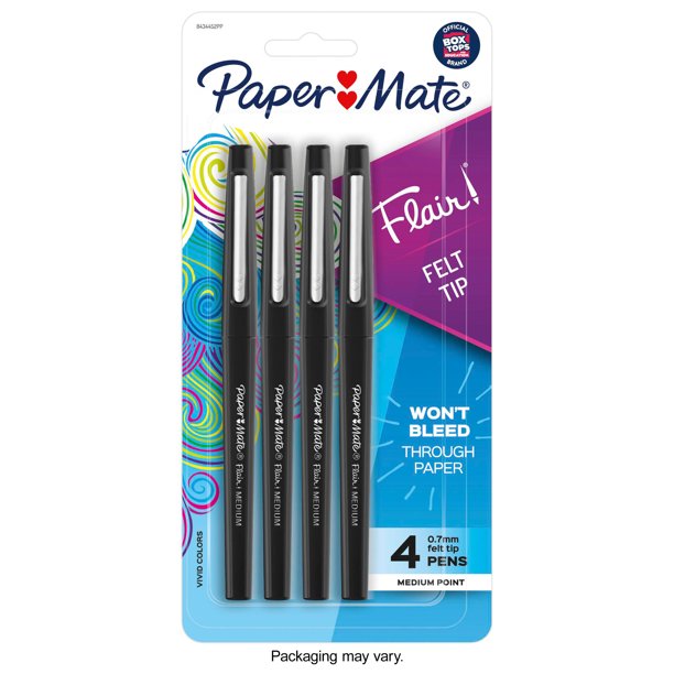 Paper Mate Flair Felt Tip Pens, Medium Point, 0.7mm, Black, 4 Count