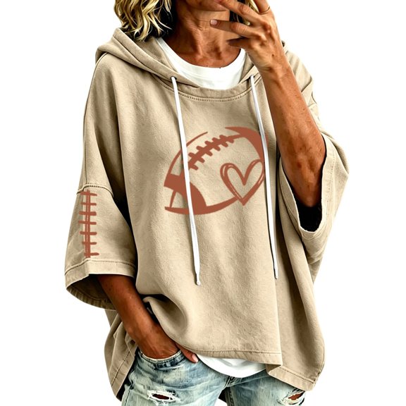 Oversized Football Sweatshirts for Women 3/4 Sleeve Hoodie Sweatshirts Trendy Fleece Graphic Hoodie Y2K Pullover Sweater Soft Game Day Mom Shirts Daily Travel Outfits, Beige L