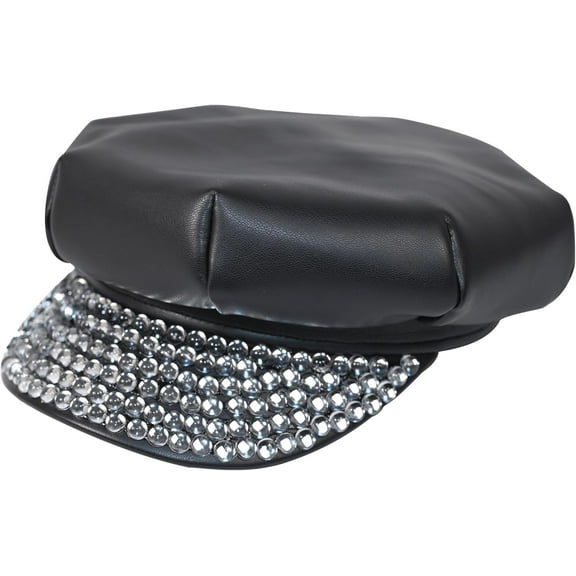Leather Newsboy Hat with Rhinestones for Women Black Classic Cabbie Painter Hat Gatsby Ivy Beret Cap for Halloween and Themed Birthday Party