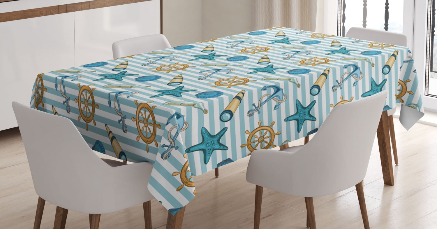 Nautical Decor Tablecloth, Marine Sea Striped Background with Anchor