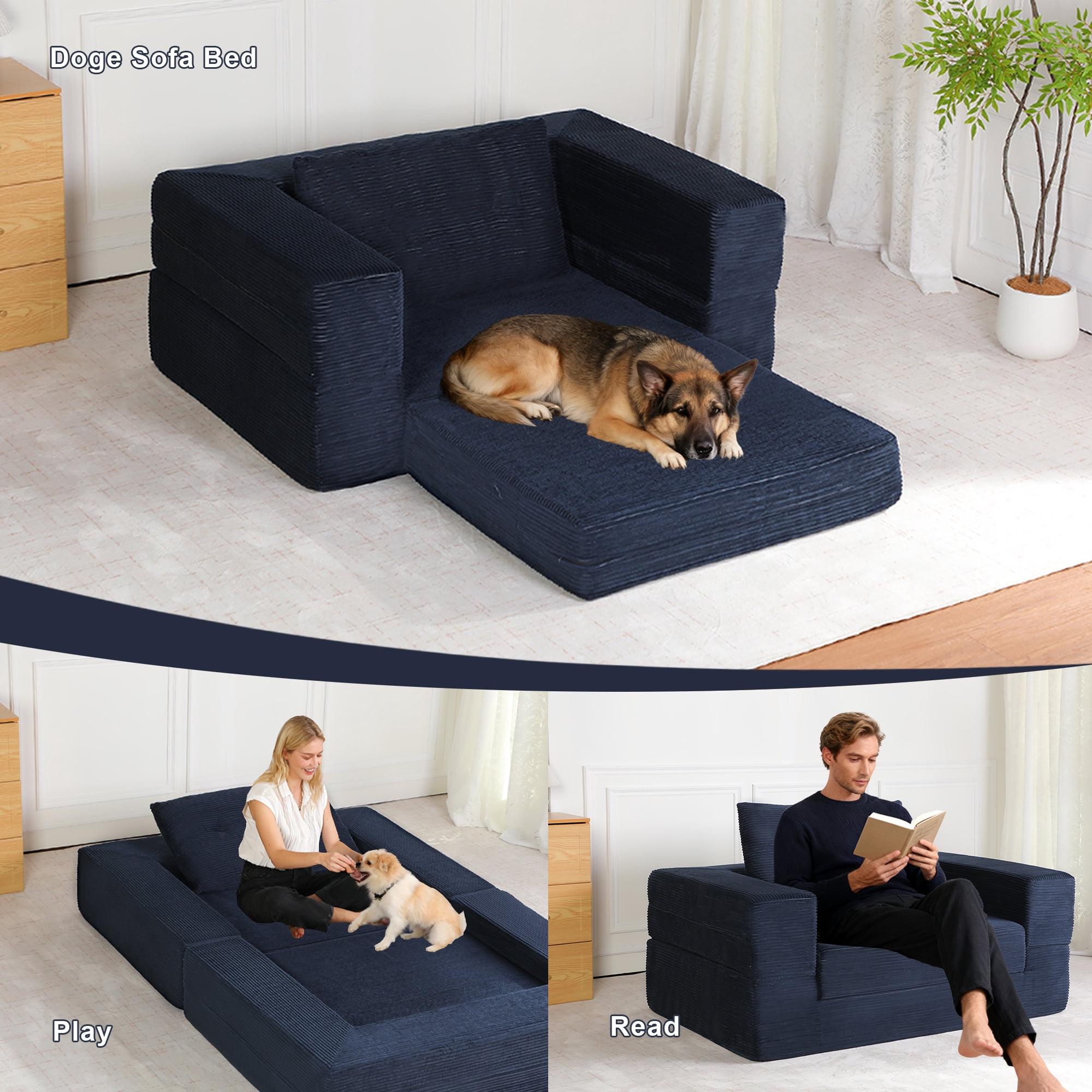 Leumius Single Sofa Bed with Pillow,Boneless Folding Sofa Bed for Living Room Bedroom,No Assembly Required,Dark Blue