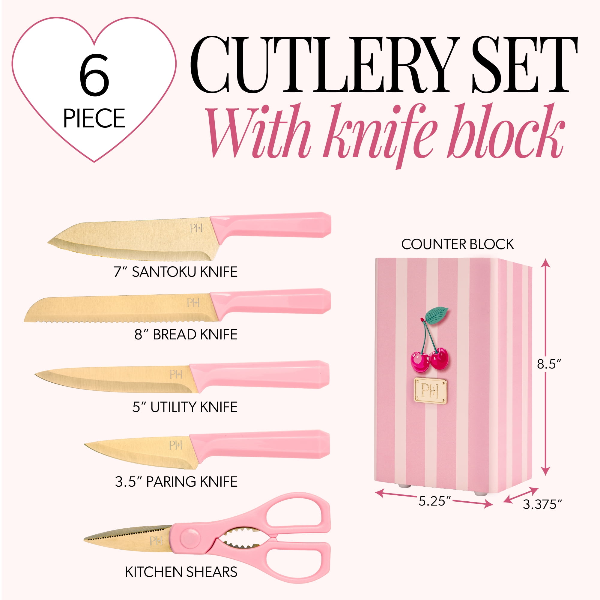 Paris Hilton 6-Piece Cutlery Block Set, Titanium-Coated Stainless Steel Blades, Cherry Print Block, Pink Faceted Handles