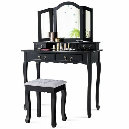 Gymax Vanity Set Makeup Dressing Table Tri Folding Mirror Black Stool 4 Drawers Black Walmart Canada