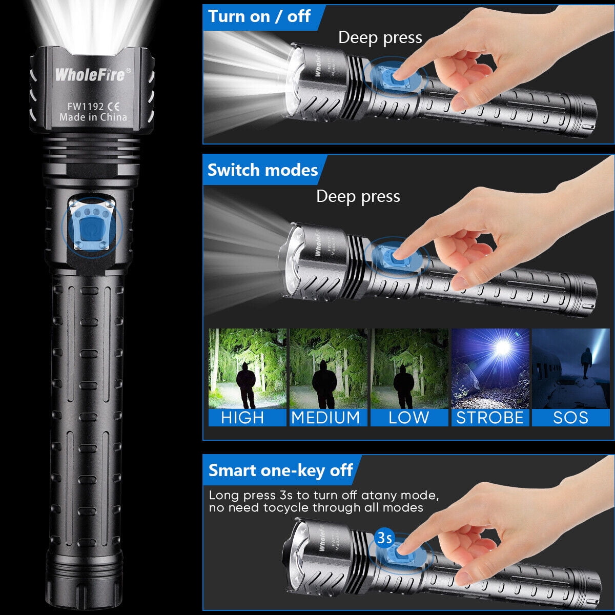 XHP90.2 Powerful LED Flashlight with 5 Modes Adujustable Focus Waterproof Rechargeable Flaslights for Outdoor Camping