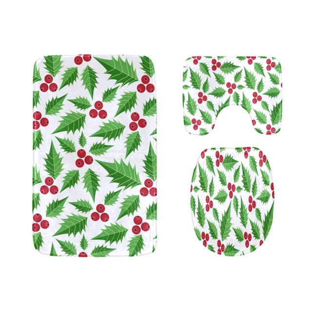 ABPHQTO Bayas rojas de acebo de Navidad Juego de alfombras de baño de 3 piezas Alfombra de baño Alfombra de contorno y tapa de inodoro ABPHQTO Cont-CHAPPLE-11335