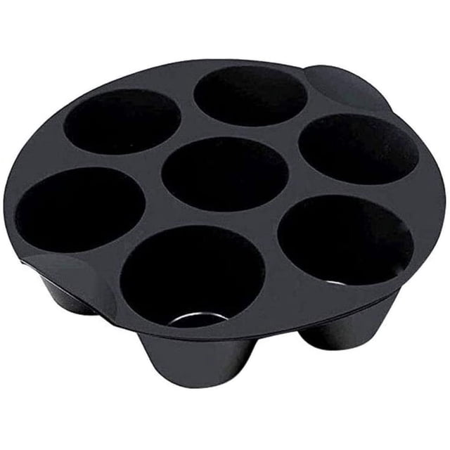 accesorios para freidora de aire, molde de cupcake de silicona de 18 cm o 21 cm, molde universal para pastel de muffin de chocolate (18 cm) molde de silicona negro con seis cavidades, vista cenital inclinada que muestra la forma circular y las tazas cónicas; hecho de silicona, lavable y reutilizable; apto para muffins, cupcakes y chocolates en freidoras de aire 3.5–5.8 L; también usado para quiches o postres individuales.