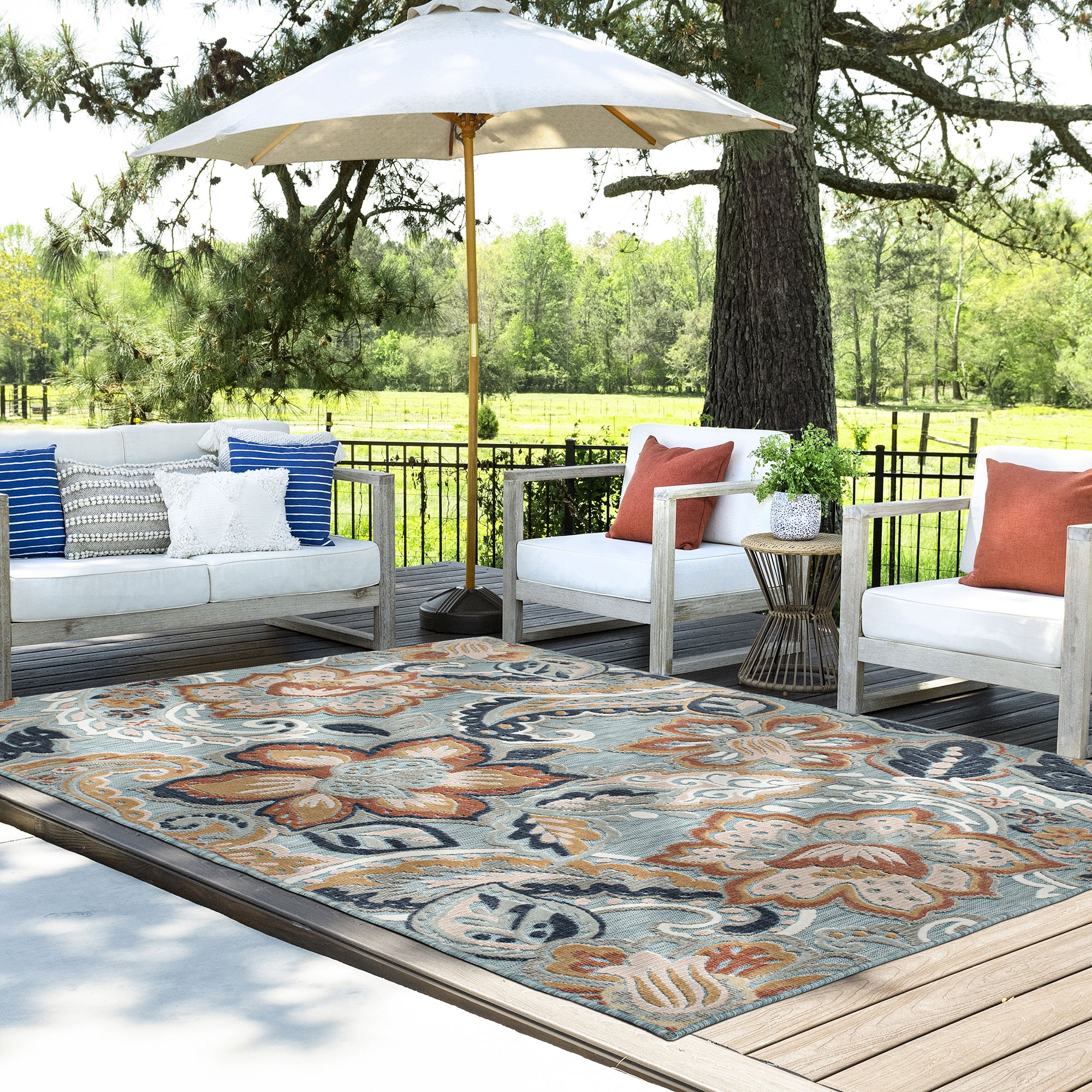4x6 Water Resistant, Indoor Outdoor Rugs for Patios, Front Door Entry, Entryway, Deck, Porch, Balcony | Outside Area Rug for Patio | Aqua, Floral | Size: 3'10'' x 5'3''