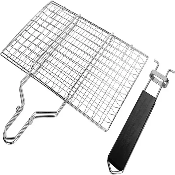 Shijinpojj Grill fish basket, collapsible portable stainless steel grill basket with detachable handle and storage bag