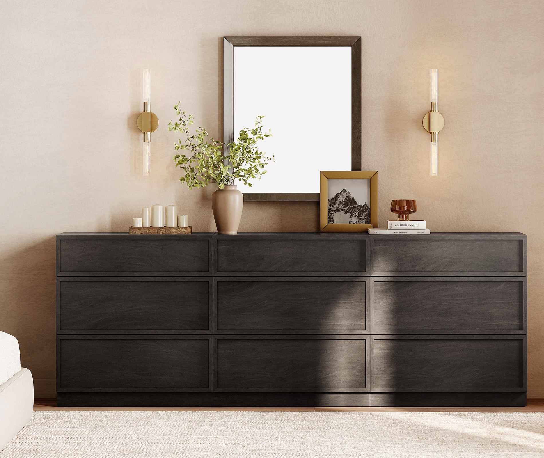Modern 9-Drawer Wood Dresser, Handle-Free Push-Press Storage Chest with Solid Floor Base, Minimalist Storage Cabinet for Bedroom Living Room, Black