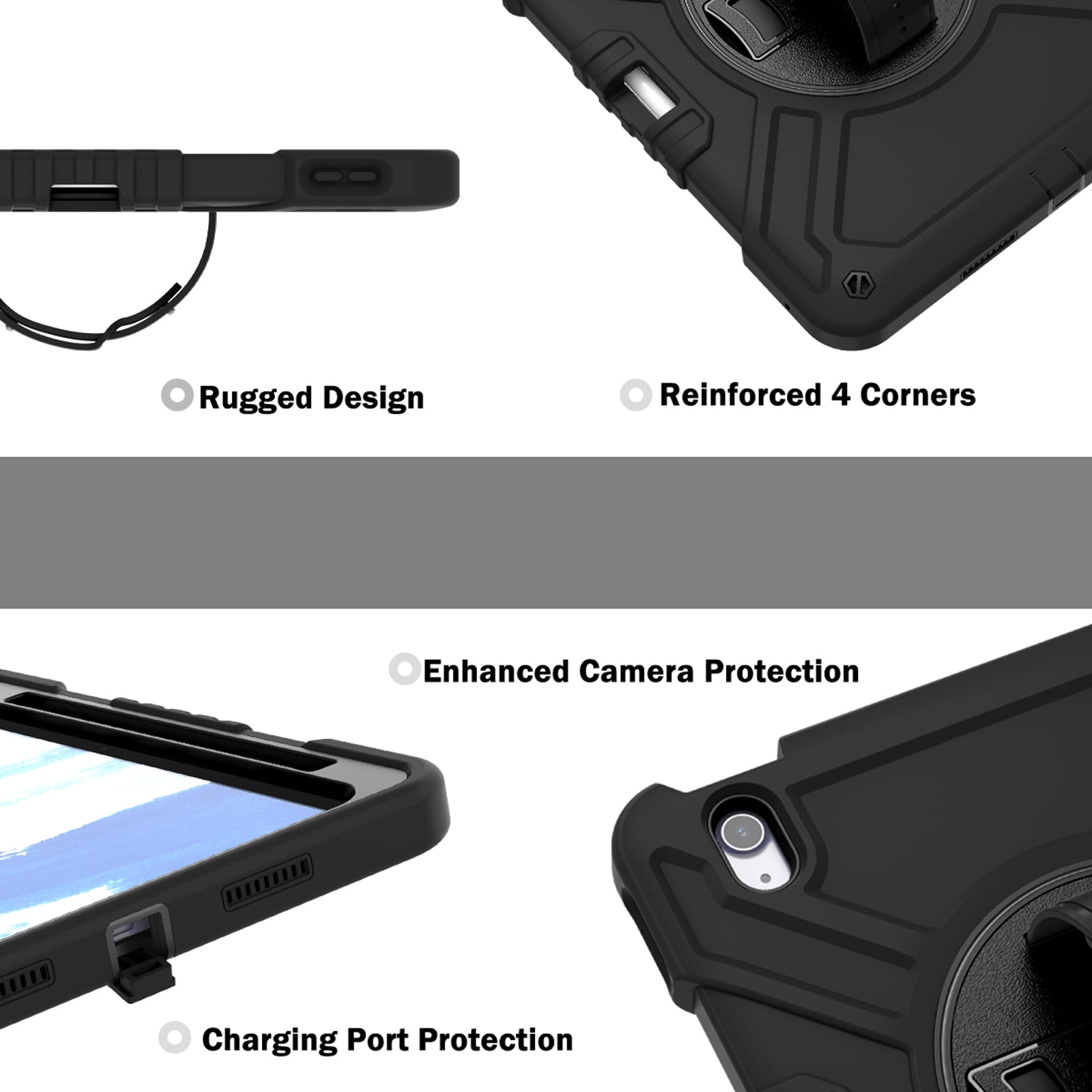 Military Grade Case for Apple iPad Air 11 inch 2024,Shoulder Strap Shockproof iPad Case with Pencil Holder 360 Rotating Hand Strap+Kicstand Rugged Siicone and Hard PC Case,Black