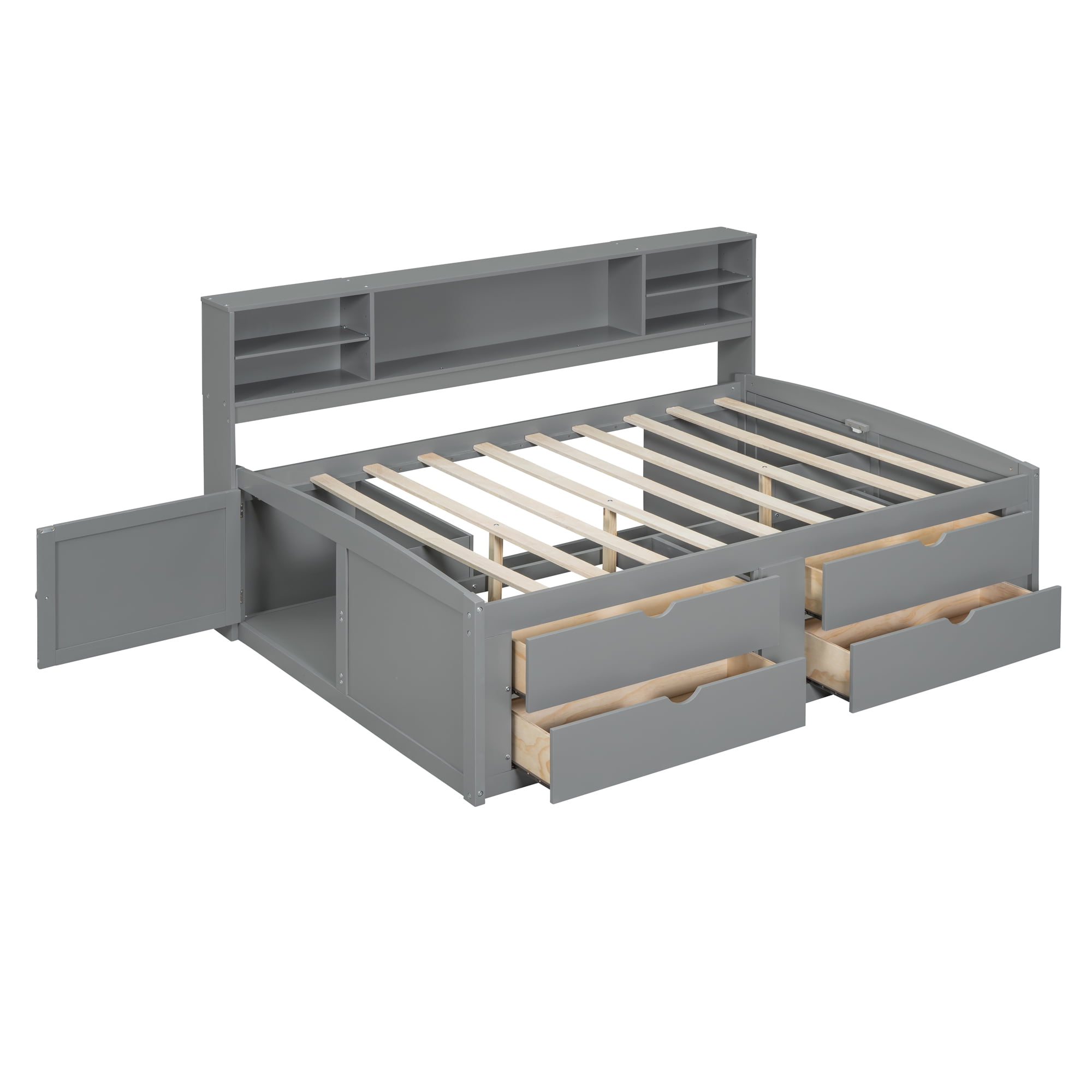 Mintazer Full Daybed Frame with Bookcase Headboard, Multifunctional Storage Bed with 4 Storage Drawers & Side Cabinet for Bedroom Guest Room, Gray