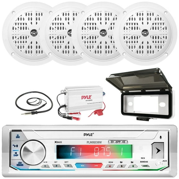 Pyle PLMRB39W LCD Display Single-DIN Marine Bluetooth USB/AUX MP3 Player AM/FM Radio Stereo White Receiver W/White Cover, 4x 4'' 100W Peak Power Dual Cone Speakers, 4-Channel Amplifier, Radio Antenna