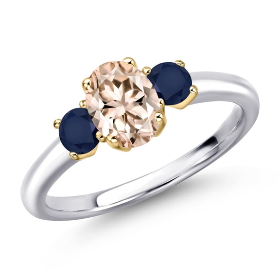 Gem Stone King 10K Two Tone Gold Peach Morganite and Blue Sapphire Engagement Ring for Women | 1.09 Cttw | Oval 7X5MM | Gemstone October Birthstone | Size 7