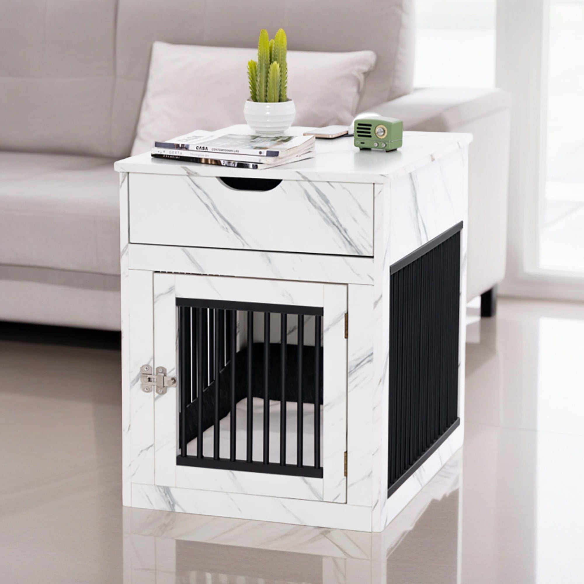 Kadyn 27" 2-In-1 Dog House with Drawer and Wired Wireless Charging, Indoor Dog Crates, Wooden Pet Dog Cages, White