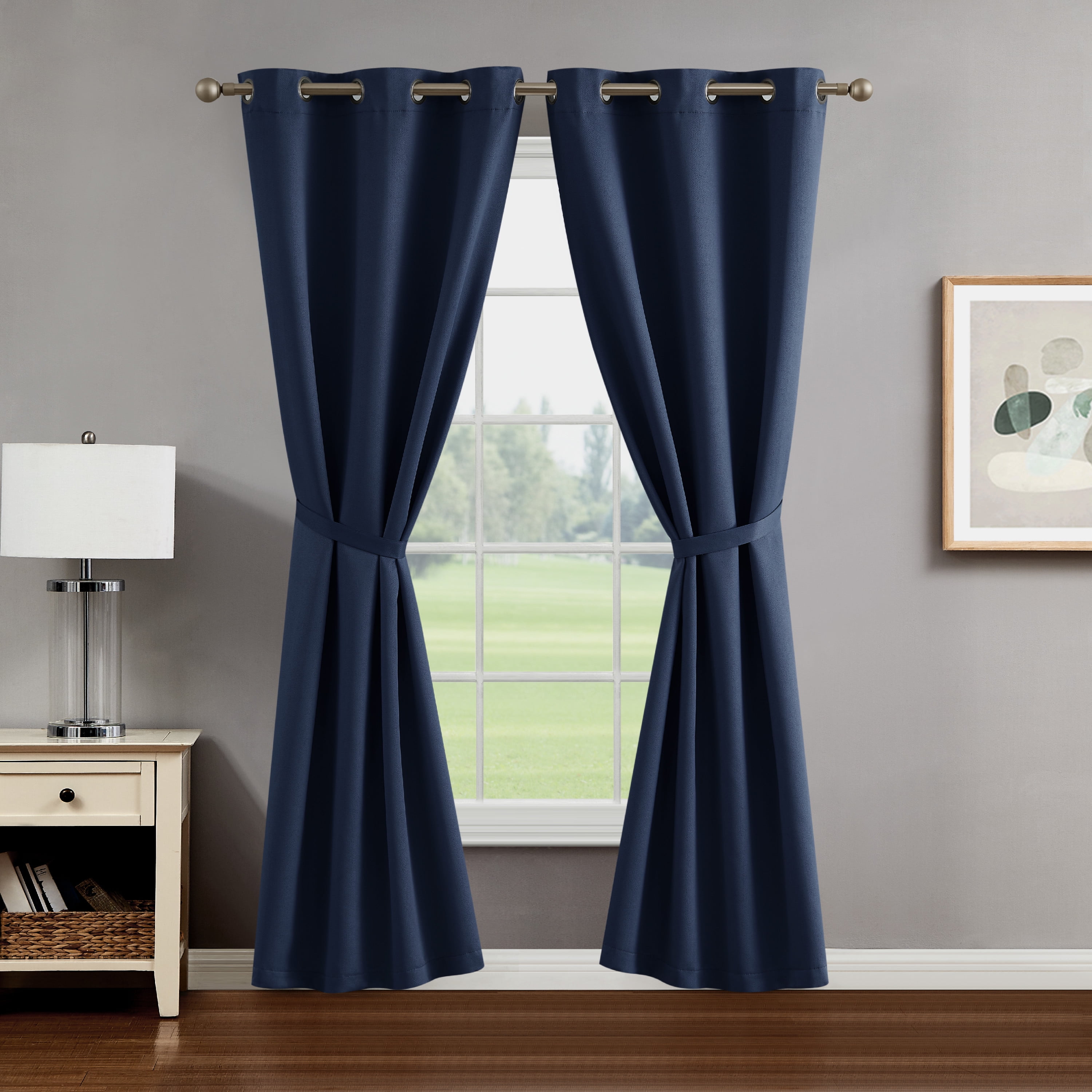 Navy Embossed Thermal Woven Window Curtain Pair w Tiebacks, 38x96