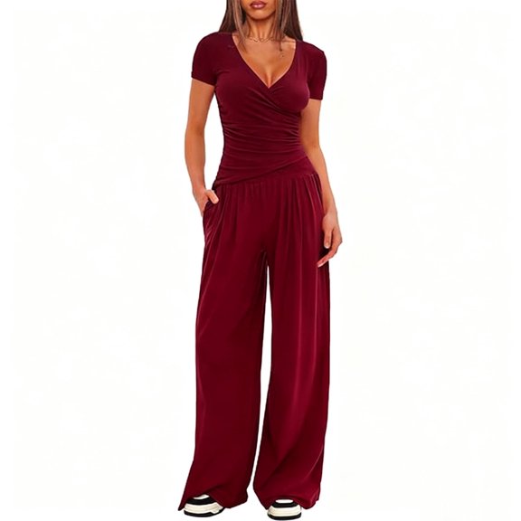 Scacto Women 2 Piece Outfit Sets, Short Sleeve V-Neck Ruched Top & Wide Leg Pants, Casual Daily Wear Gym Sweatsuit