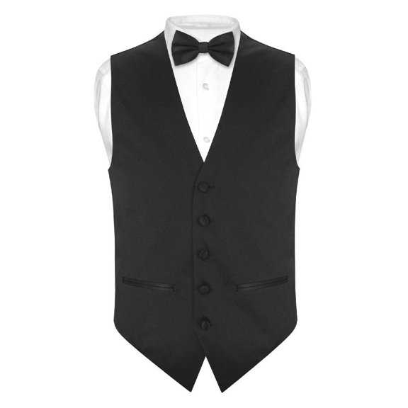 Mens SLIM FIT Dress Vest BowTie Solid BLACK Color Bow Tie Handkerchief Set Med