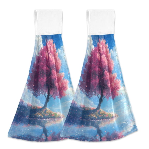 BZSMCE Hanging Hand Towels Fashion Cherry Blossom Serenity Pattern 2-Pack - Velcro Style Bathroom Kitchen Towels