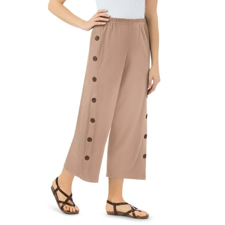 Cotton Khakis - Women's Knit Side-Button Cropped Pants with Button Accents and Elastic Waistband, Made from Cotton
