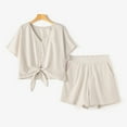 thumbnail image 5 of TNOBHG Women Breathable Suit Set 2 Pcs/set Women Shirt Shorts Set V Neck Pure Color Single-breasted Lace-up Knot Short Sleeve Loose Top Shorts Set Summer, 5 of 8
