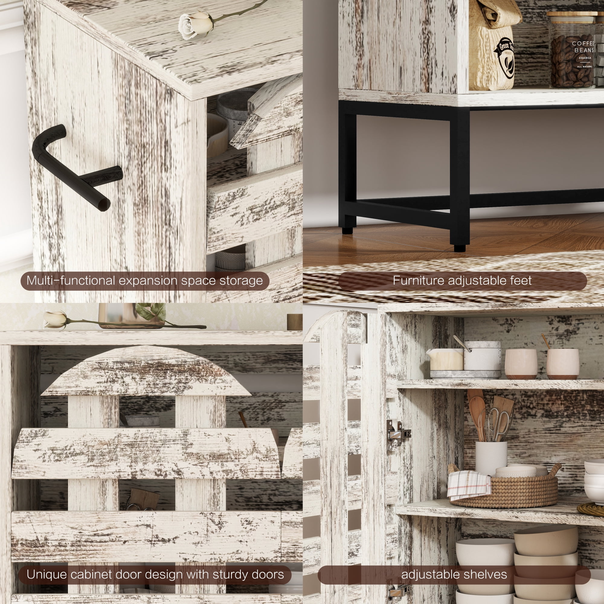 Leumius 44.3"Farmhouse Sideboard Cabinet with Storage,Coffee Bar Console Table With Storage,Rustic Storage Cabinet with Arched Lattice Doors and Drawer for Living Room Kitchen Entryway Retro White