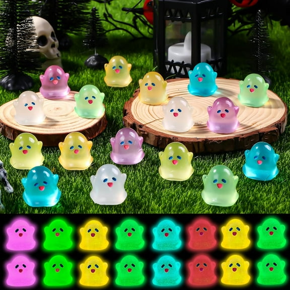 50pcs Halloween Mini Resin Ghost Figurines Glow in The Dark Cute Miniature Ghost Statue Halloween Micro Landscape Accessories for Outdoor Decor Dollhouse Accessories (0.79×0.79 Inch )
