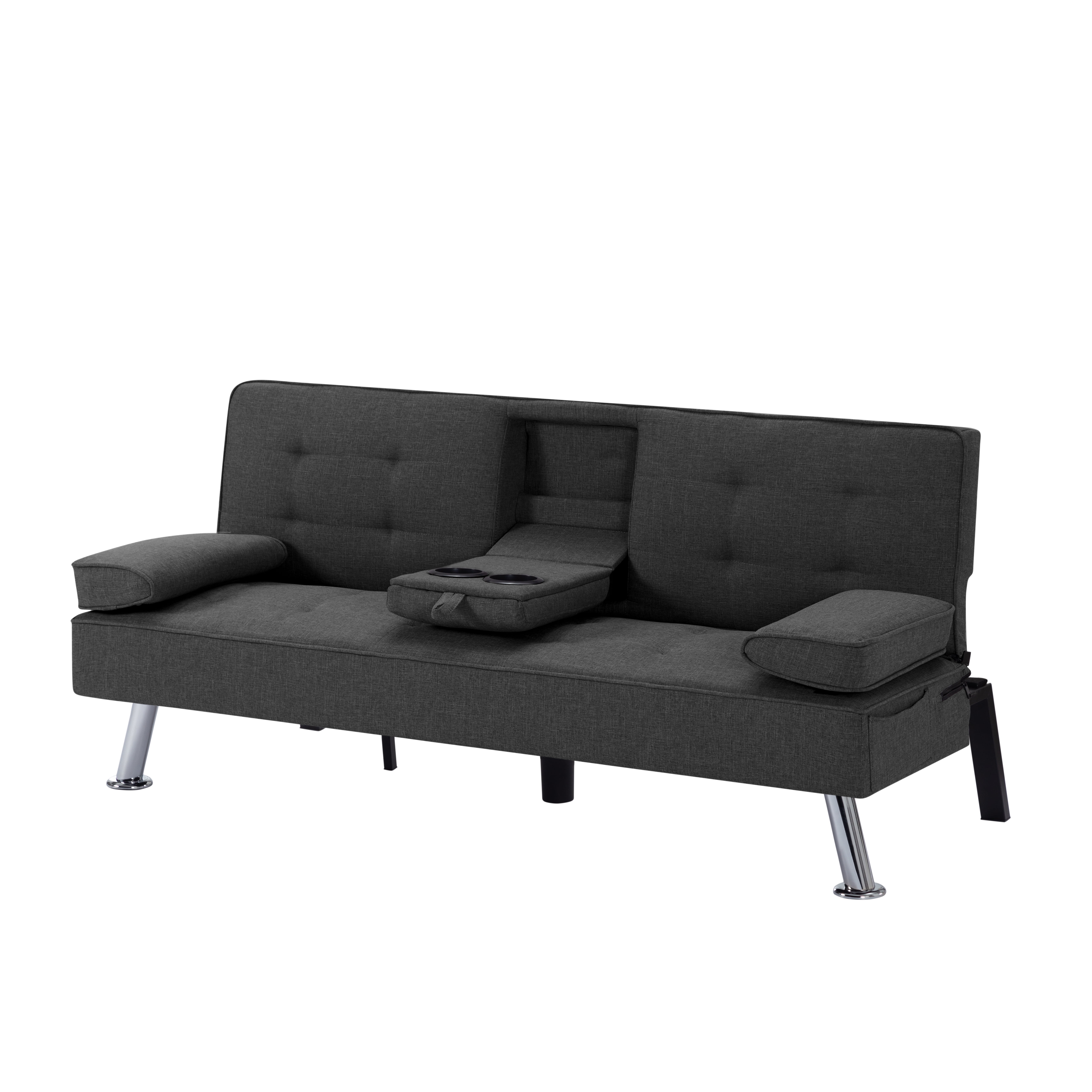 Gewnee 65.35" Futon Sofa Bed Metal Frame 5 Adjustable Positions Cup Holders Storage Pocket Office Apartment Dark Grey