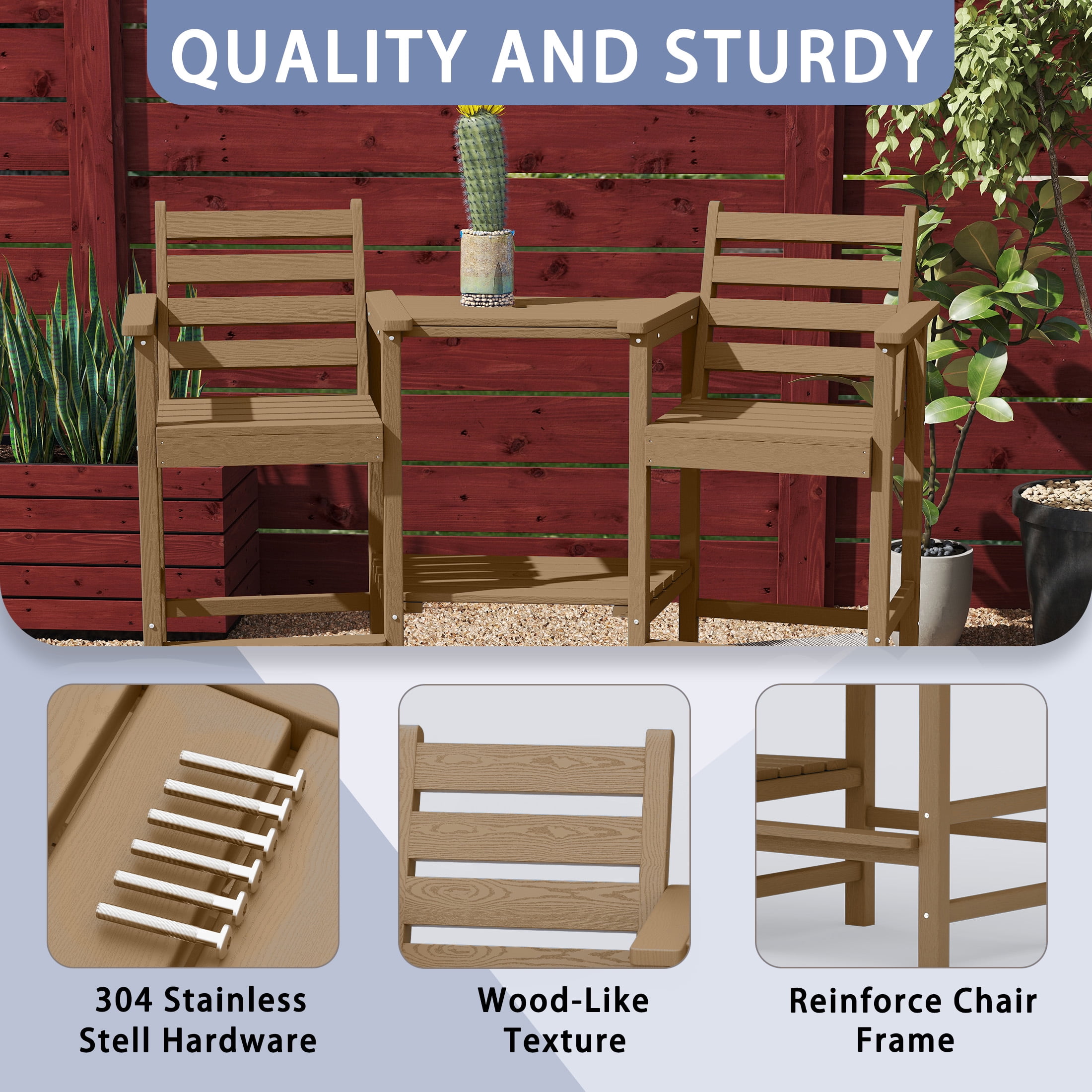 AreShark HDPE Tall Adirondack Chair Set with Removable Double Trays (Set of 2) Brown