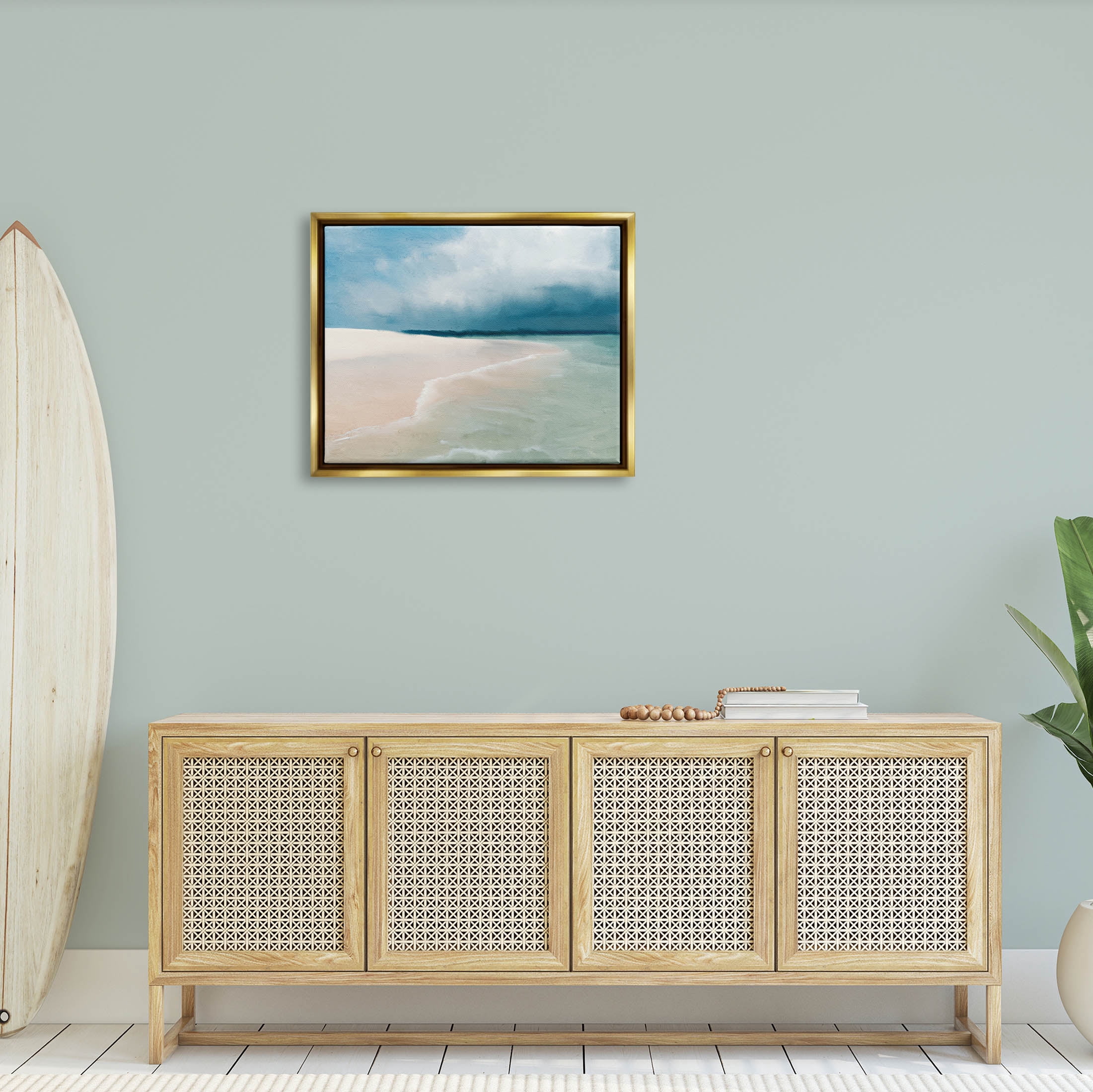 Stupell Industries Tranquil Clear Summer Beach Waves Painting Metallic Gold Floating Framed Canvas Print Wall Art, Design by Kim Allen