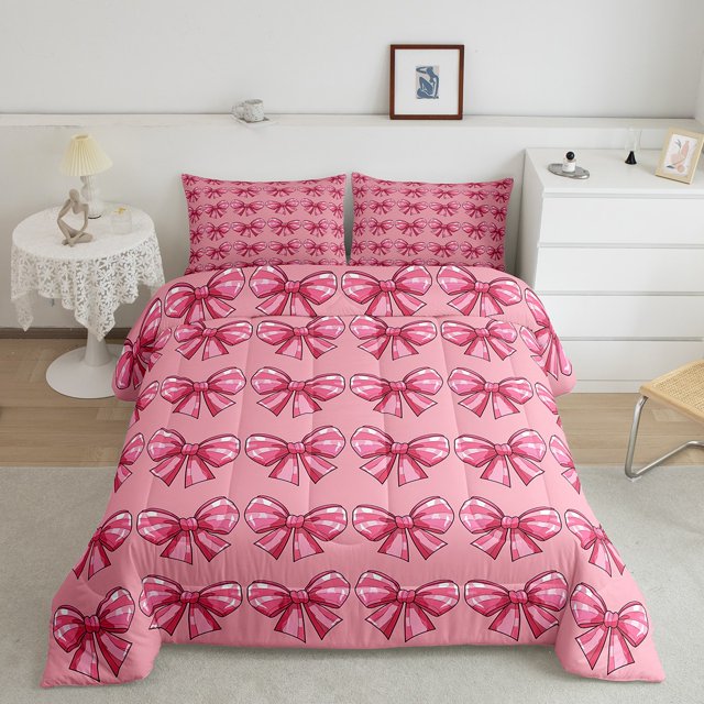 Erosebridal Ensembles de Literie Princesse à Nœud Papillon Double avec Couette, Insert de Couette à Rayures, Déco Nœud Dessin Animé, Réversible 3 Pcs