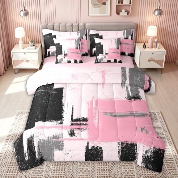 meiyoeat Abstract Brushstroke Print Full Size Bedding Sets for Kids Girls, Modern Art Paint Full Size Bed in a Bag, Pink Black, Pink Reversible, 7 Pieces