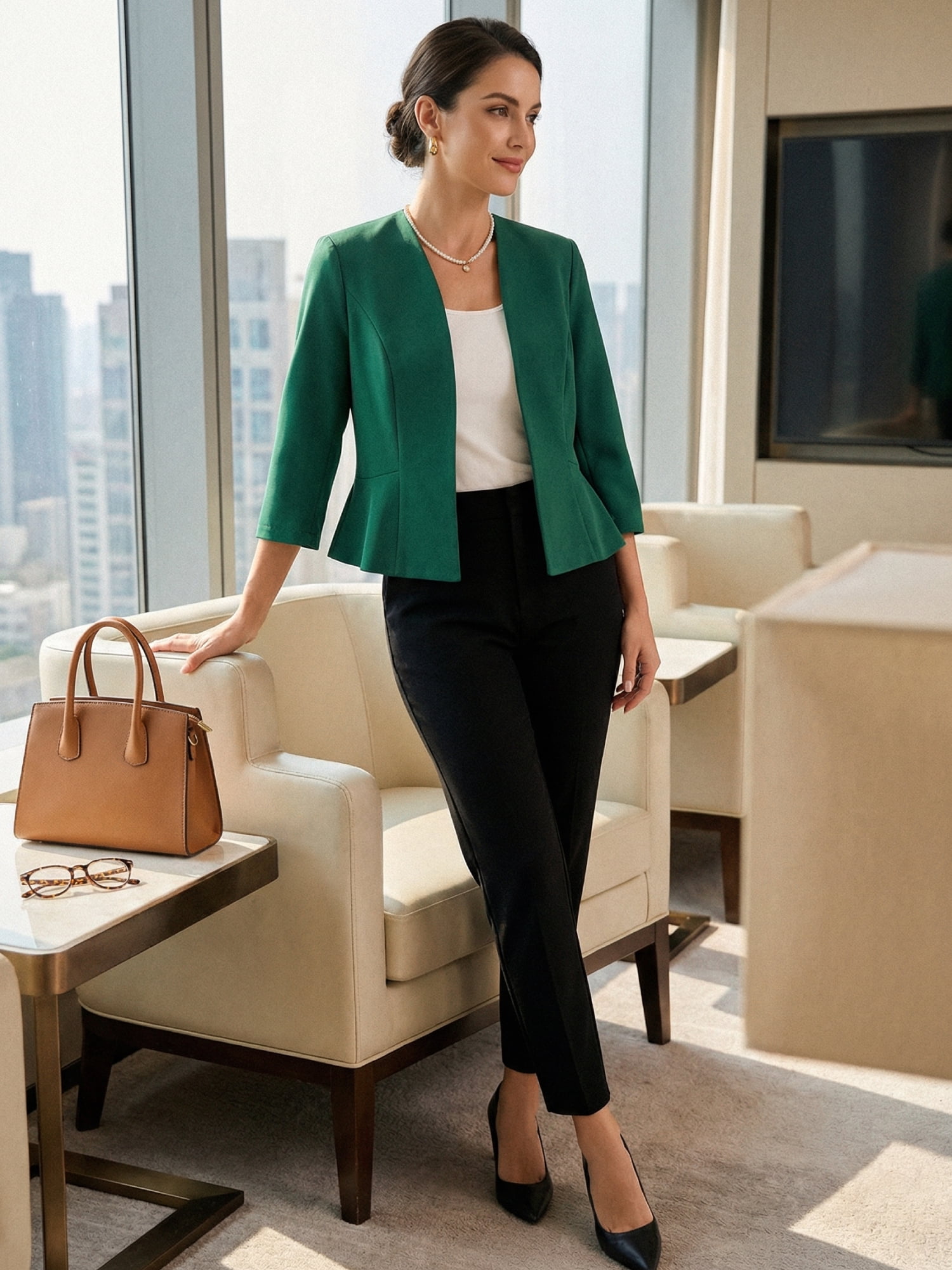 DARING DIVA Women's Open Front 3/4 Sleeve Peplum Business Blazer XL Dark Green