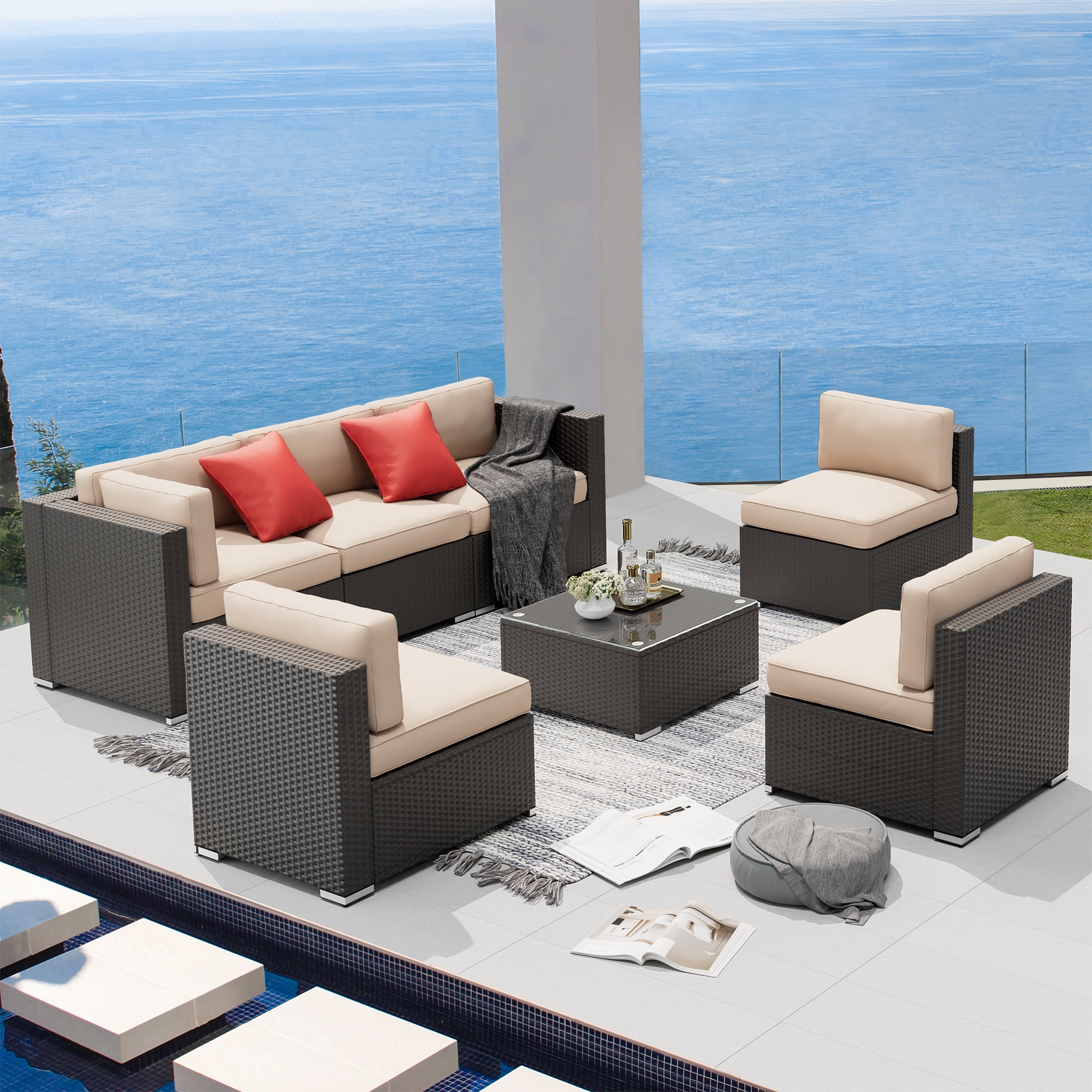 SUNCROWN 7-Piece Outdoor Patio Furniture Sofa Set All-Weather Black Wicker Sectional Conversation Set with Modern Glass Coffee Table and Cushions, Backyard, Garden, Deck, Brown