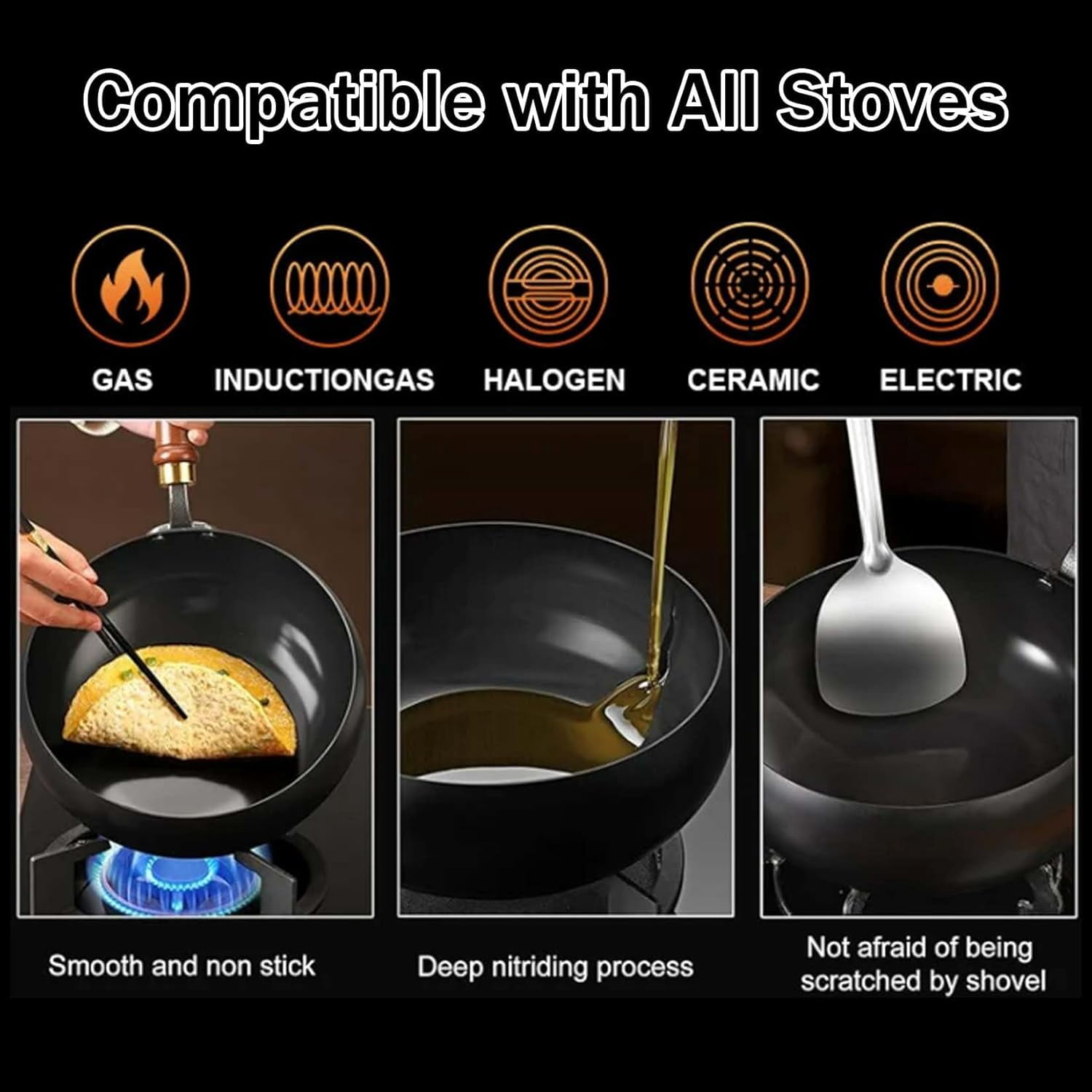 11'' Japanese Cast Iron Pot, Uncoated Thick Iron Pot, Non-Stick Carbon Steel Wok Pan with Lid, Traditional Japanese Cookware, 99% High Purity Frying Pan for Kitchen (Smooth, 11 in)
