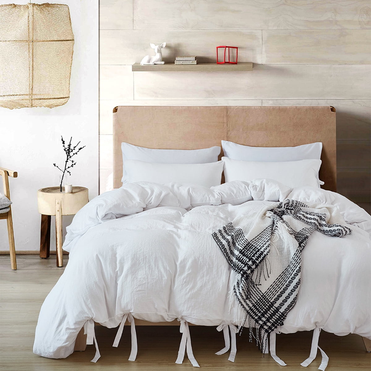Navy, Twin PYCLIFE Washed Cotton Duvet Cover Set,Bow Tie Strap Design,Solid Color Bowknot Design,Soft Cotton Easy Care Bedding Set,Twin Queen King Size