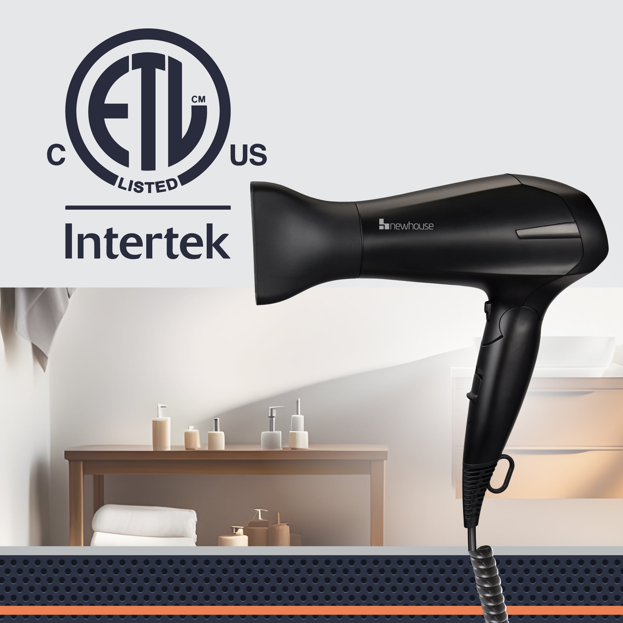 Newhouse 125V 1875-Watt Foldable Hair Dryer with Spiral Cord NHHD-001-FS, Compact Foldable Hair Blow Dryer, Low-Noise Ionic Hair Dryer, ETL Certified for Hospitality and Residential Use