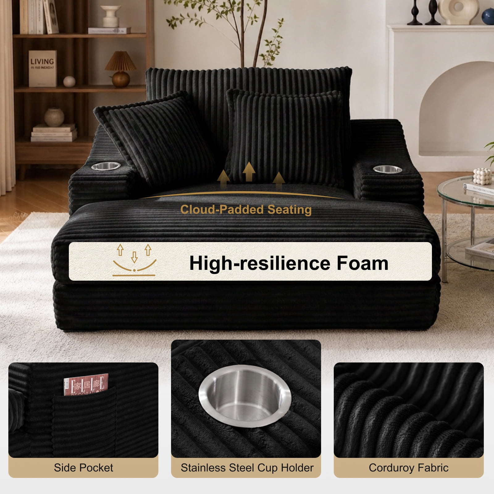 47" Wide Oversized Single Chaise Lounge Chair, 67'' Sleeper Sofa Bed with Cup Holders & 3 Pillows