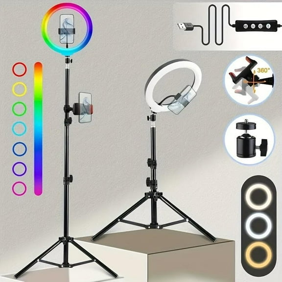 UEGOGO 12" RGB Ring Light w/Tripod & Phone Holder, 10 Brightness Levels & 2 Modes - For Makeup/Live Stream/Photography