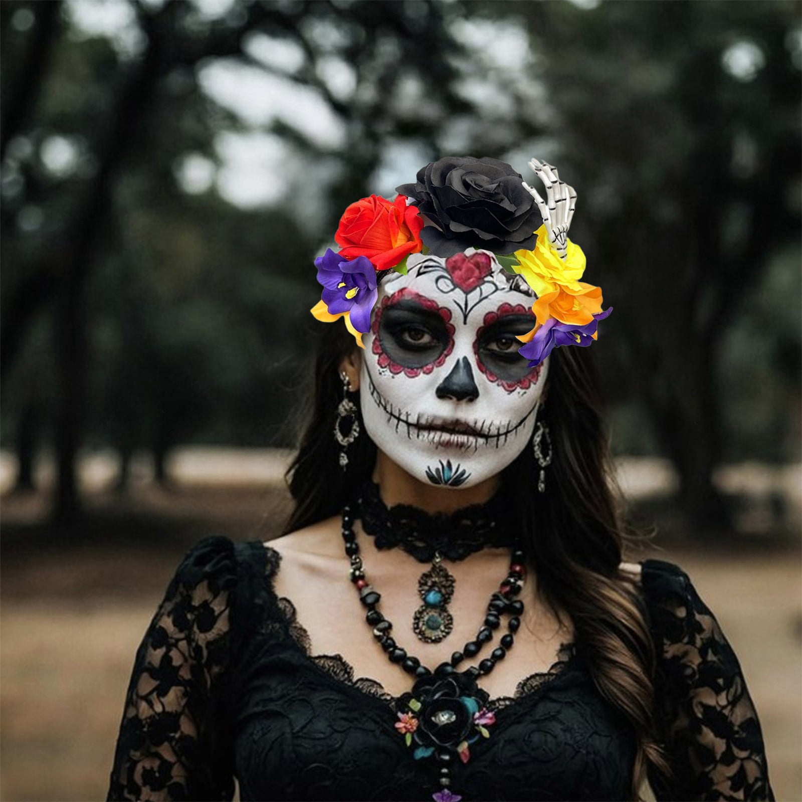 Couronne Fleurie Halloween - Bandeau Mexicain Rose Et Noir - Pour Fête, Carnaval, Déguisement - 8