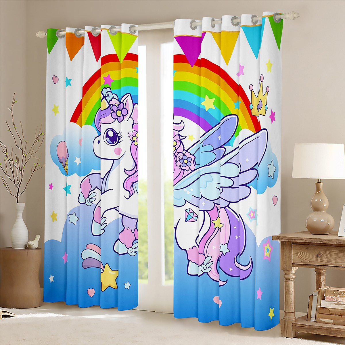 Erosebridal Cute Unicorn Curtains for Living Room,Rainbow Galaxy Starry Blackout Curtains Set of 2(42x63),Purple Blue Curtains and Drapes(42x63) For Girls,Ultra Soft Bedroom Decorative